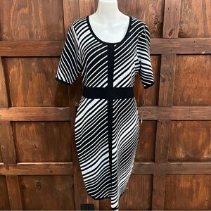 Nina Leonard Black and White Diagonal Stripe Midi Dress